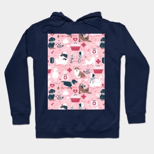 Veterinary medicine, happy and healthy friends // pattern // pastel pink background red details navy blue white and brown cats dogs and other animals Hoodie